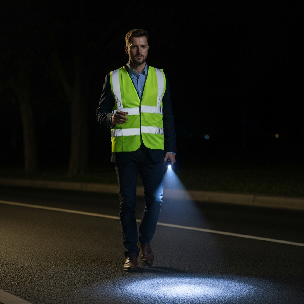 A pedestrian wearing a reflective vest and carrying a flashlight walks along a dimly lit road at night. The scene emphasizes the visibility provided by the reflective gear and the flashlight beam.