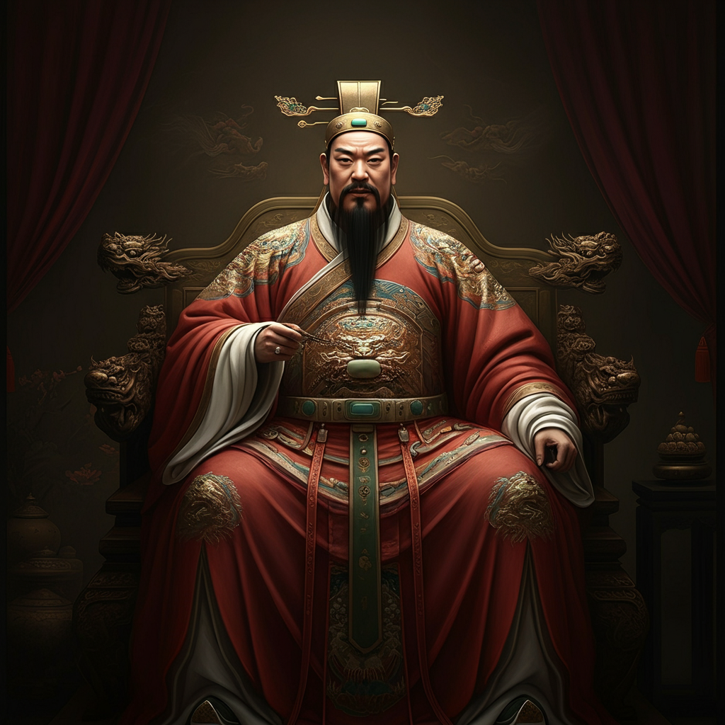 A detailed oil painting depicting the Jade Emperor on his throne, surrounded by celestial attendants. The lighting is dramatic, with a single source illuminating his face, and the colors are rich and vibrant, with detailed texture on the robes and throne.