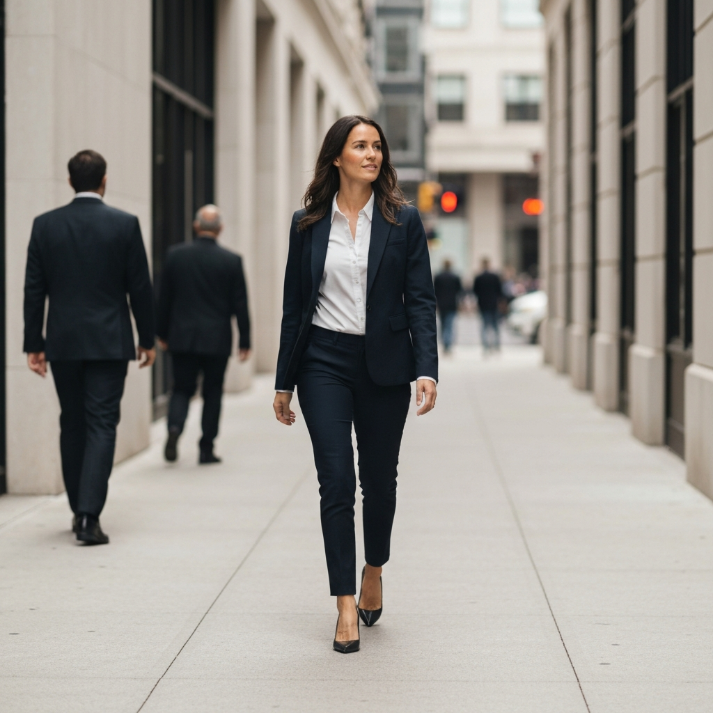 A woman walking confidently down a city street. She is looking ahead, making eye contact with people she passes. The scene conveys a sense of self-assurance and awareness.