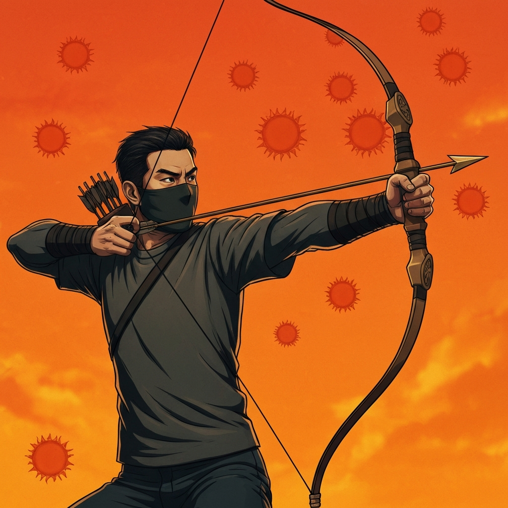 A stylized illustration of Hou Yi drawing his bow, with nine suns falling from the sky. The background is a fiery orange, and the focus is on the archer's determined expression and the details of his bow and arrow.