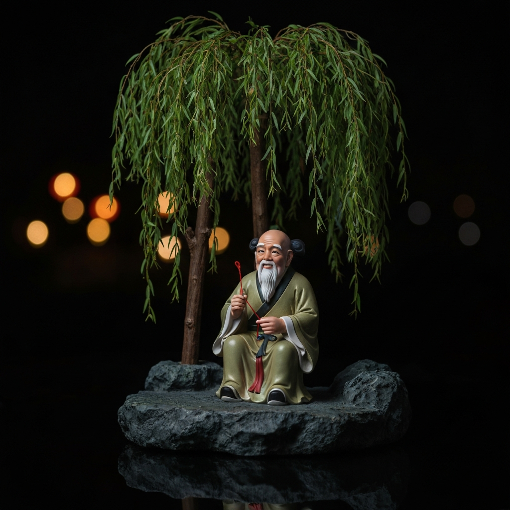 A traditional Chinese garden scene at night, lit by the moon. An elderly figure representing Yue Lao sits under a willow tree, holding a red string. Soft bokeh in the background suggests distant lanterns.