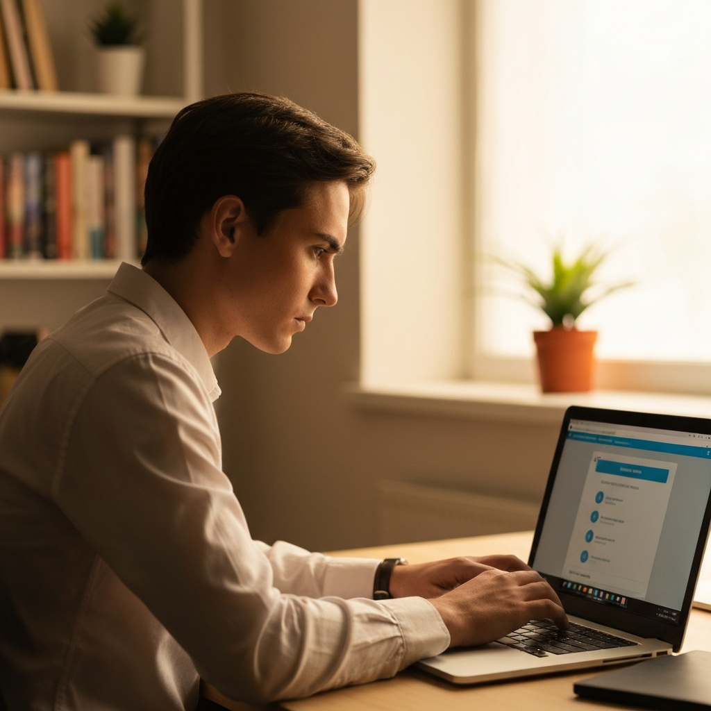 A person sitting at a desk, illuminated by warm, diffused light from a nearby window. They are looking intently at a laptop screen, with a slightly furrowed brow indicating focus. The laptop displays a quiz interface. Soft bokeh in the background shows a bookshelf and a potted plant.
