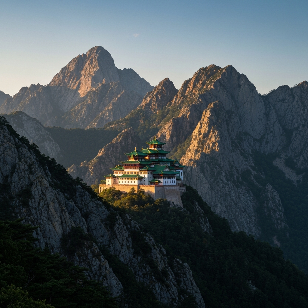 A wide-angle shot of a majestic mountain range, with a jade palace nestled among the peaks. Soft golden hour lighting highlights the architectural details of the palace, suggesting a mystical and serene atmosphere.