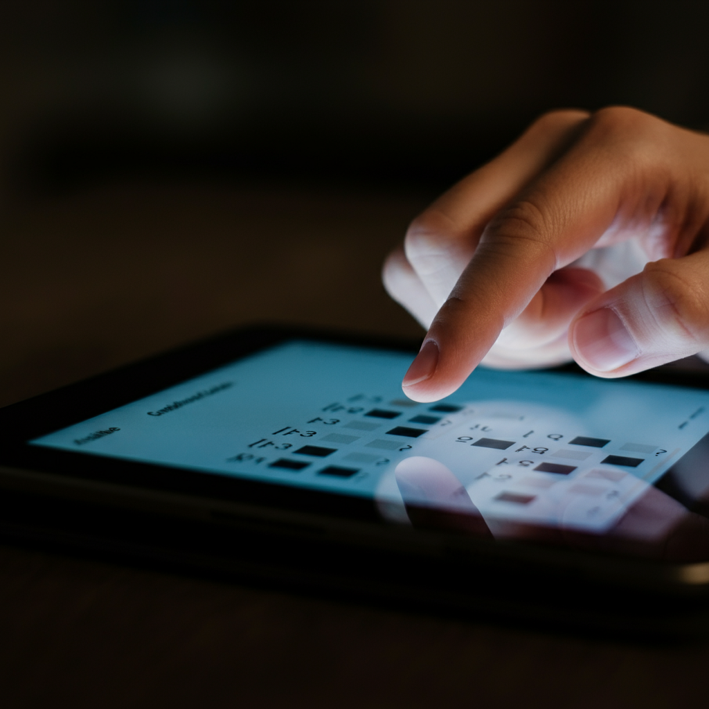 Close-up of a hand hovering over a tablet screen. The screen displays a multiple-choice question on a quiz. The lighting is soft and even, highlighting the texture of the skin and the tablet's surface. The background is slightly blurred.