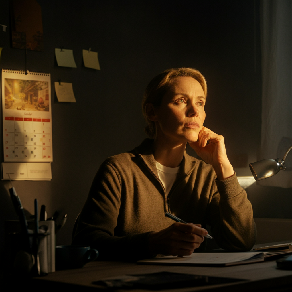A brightly lit home office with a person looking thoughtful. A calendar hangs on the wall in the background. The person is holding a notebook and pen, seemingly brainstorming. The lighting is natural and highlights the textures of the desk and surrounding objects.