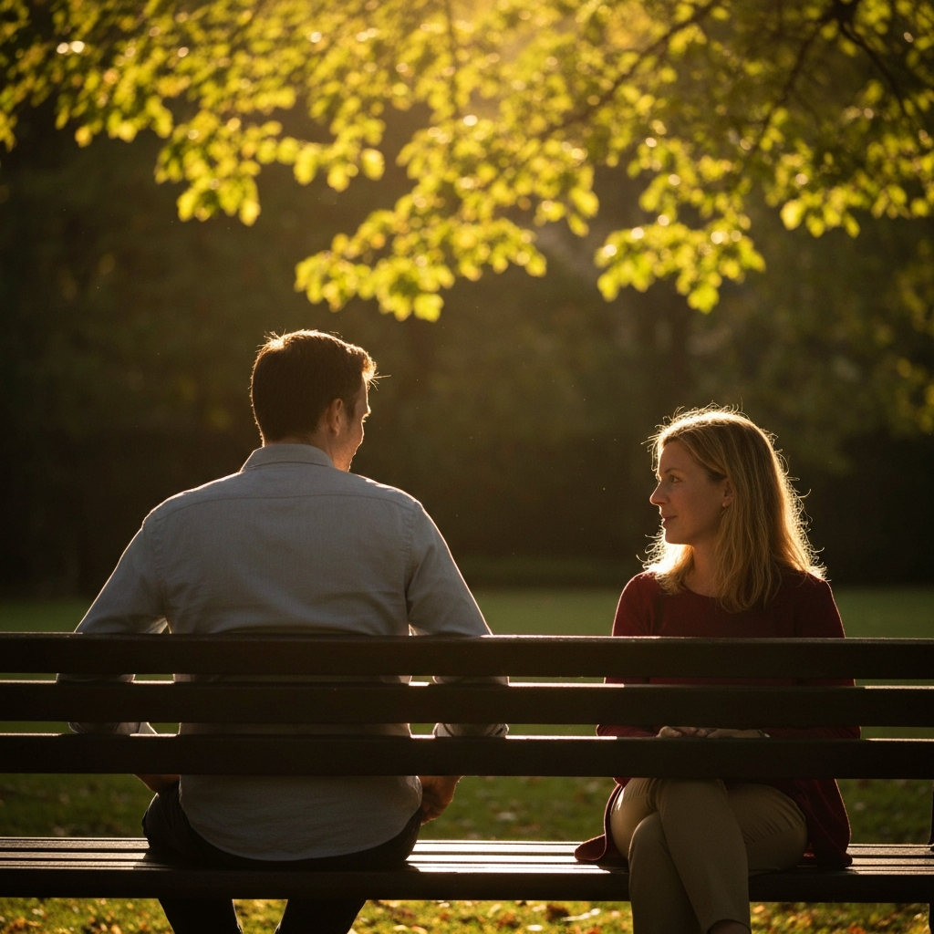 A couple sitting on a park bench, bathed in soft, late afternoon sunlight, deeply engaged in conversation. The leaves on the trees behind them are blurred with a soft bokeh effect.