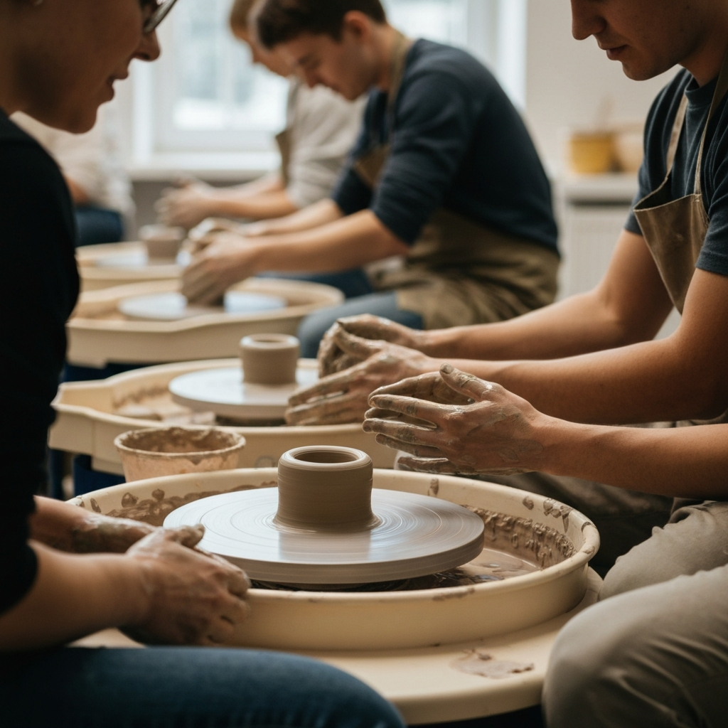 A pottery class in progress. Several individuals are working at pottery wheels, their hands covered in clay. The lighting is bright and even, showcasing the textures of the clay and the tools. The atmosphere is collaborative and supportive.