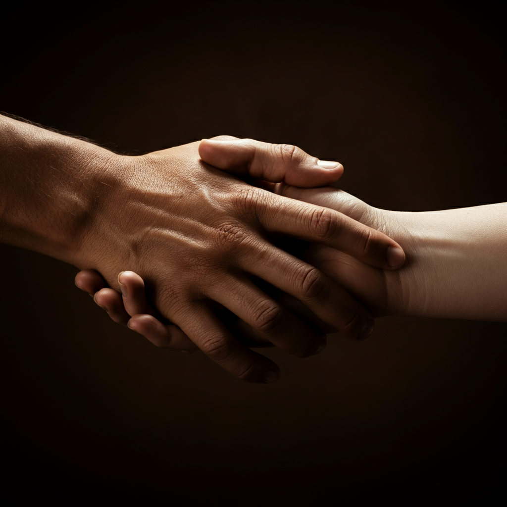 Close-up of two hands intertwined, focus on the texture of the skin and the subtle variations in skin tone. Soft, diffused lighting creates a warm and inviting atmosphere.