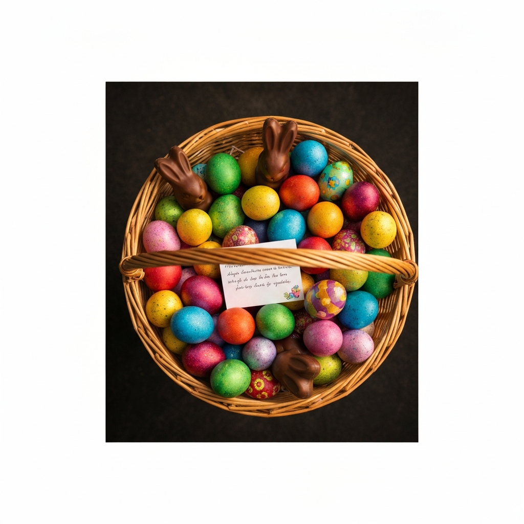 Overhead shot of an Easter basket filled with colorful eggs, chocolate bunnies, and other treats. A small, handwritten card is nestled among the items, partially visible. The lighting is bright and festive, highlighting the vibrant colors of the basket's contents.