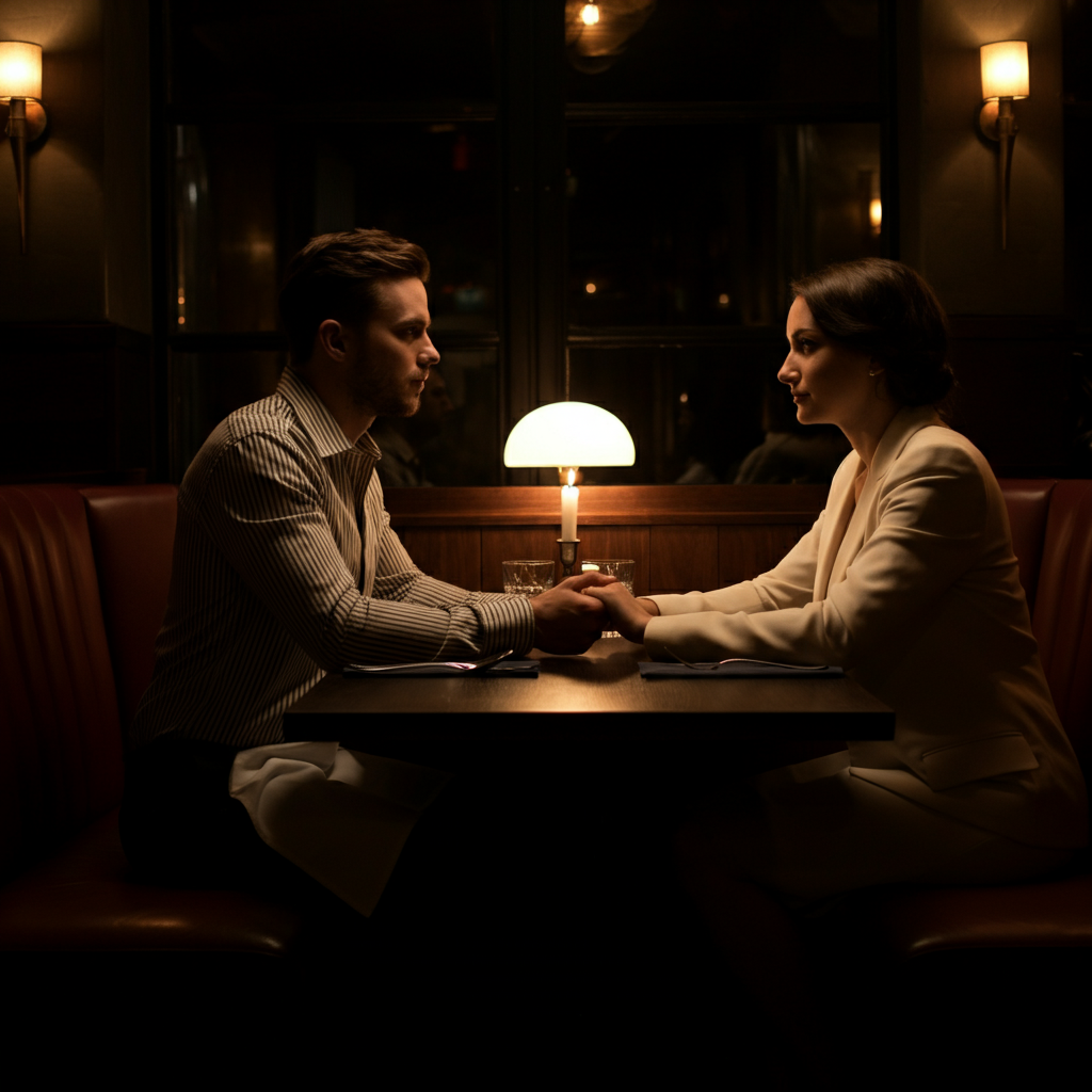 A cozy restaurant booth, dimly lit with candles. Two people are facing each other, holding hands across the table. Their expressions are thoughtful and sincere, suggesting a deep and meaningful conversation.