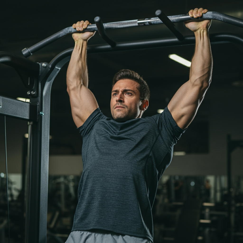 A well-lit gym, focus on a man performing a perfect pull-up. The background is blurred with soft bokeh. Metallic texture on the pull-up bar reflects the overhead lights.