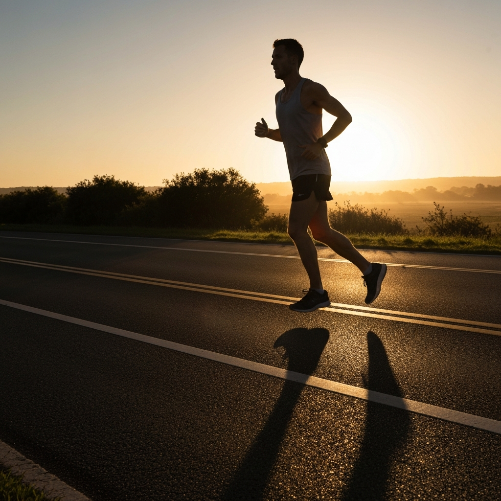 A runner silhouetted against the rising sun on a paved road. Golden hour lighting creates long shadows. Focus on the texture of the road and the runner's clothing.