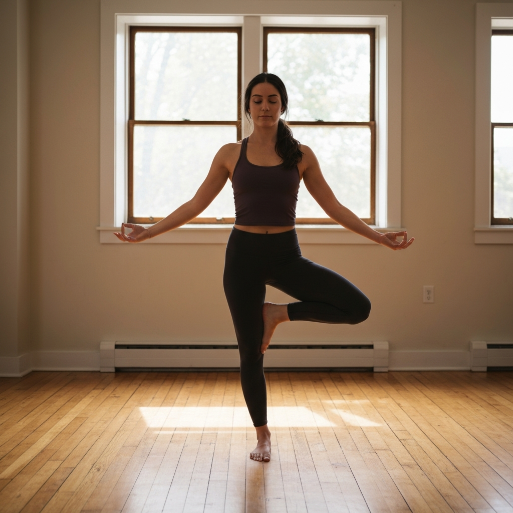 A yoga studio, soft natural light filtering through the windows. A person is holding a tree pose, with focus on the balance and serene expression. The wooden floor has a warm, inviting texture.