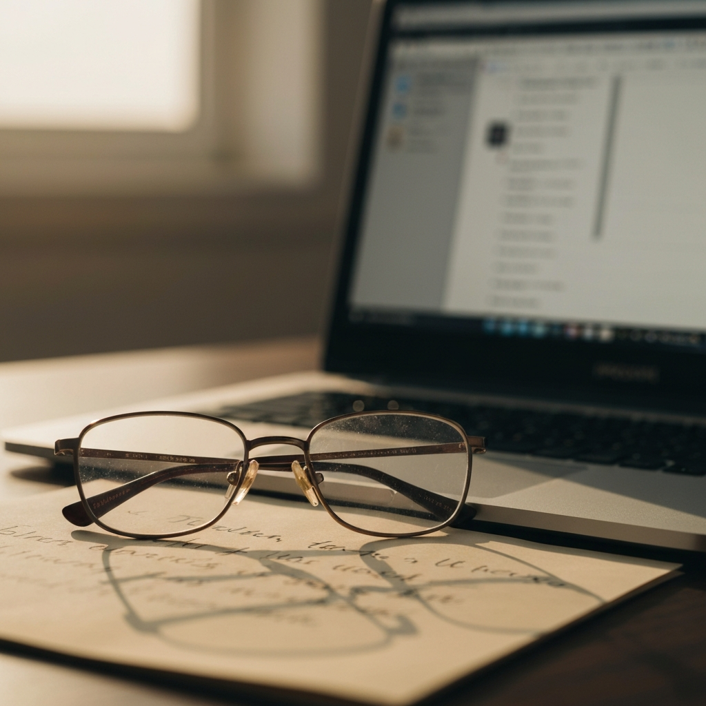 A pair of reading glasses resting on top of a handwritten note, with a blurred background of a laptop screen displaying a document editor. Soft, warm light illuminates the scene, emphasizing the importance of careful review.