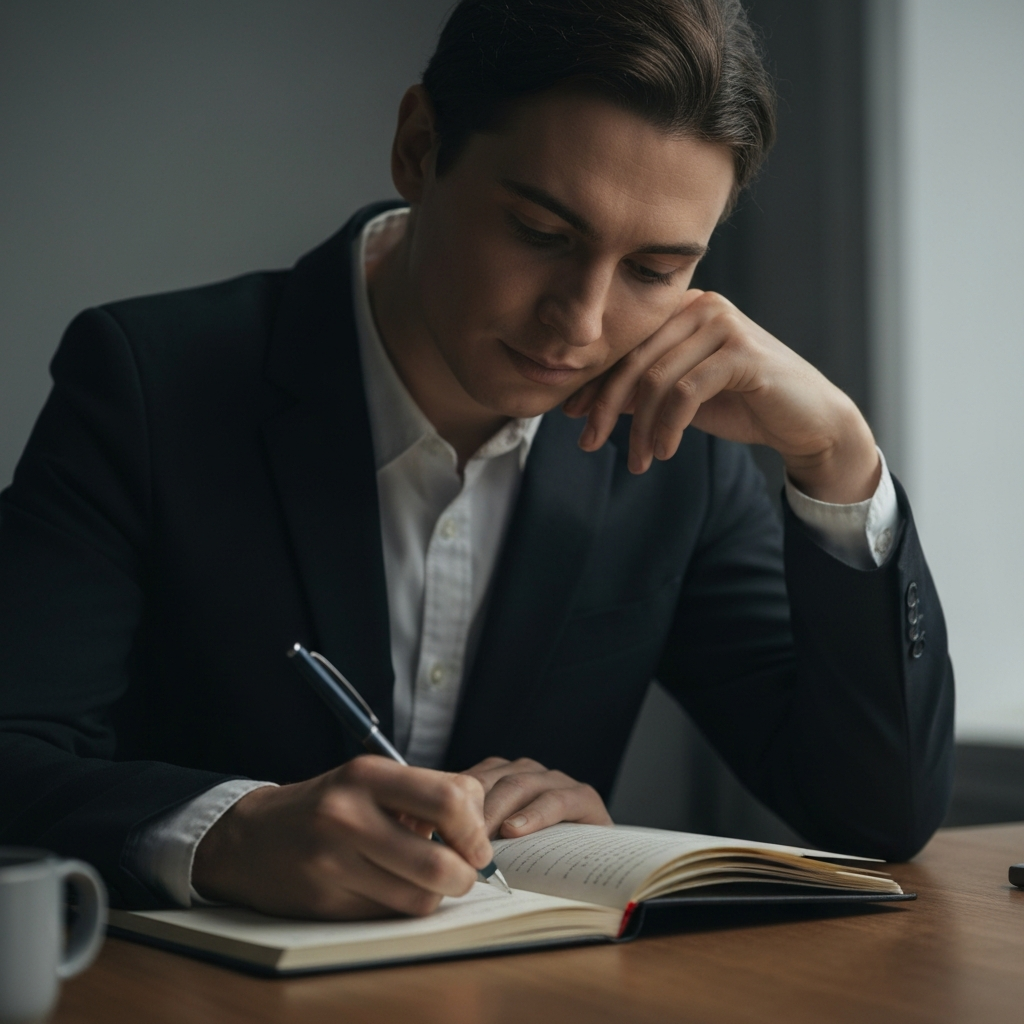 Close-up shot of a person sitting at a desk, thoughtfully writing in a journal. The lighting is soft and diffused, highlighting the texture of the paper and the person's focused expression.