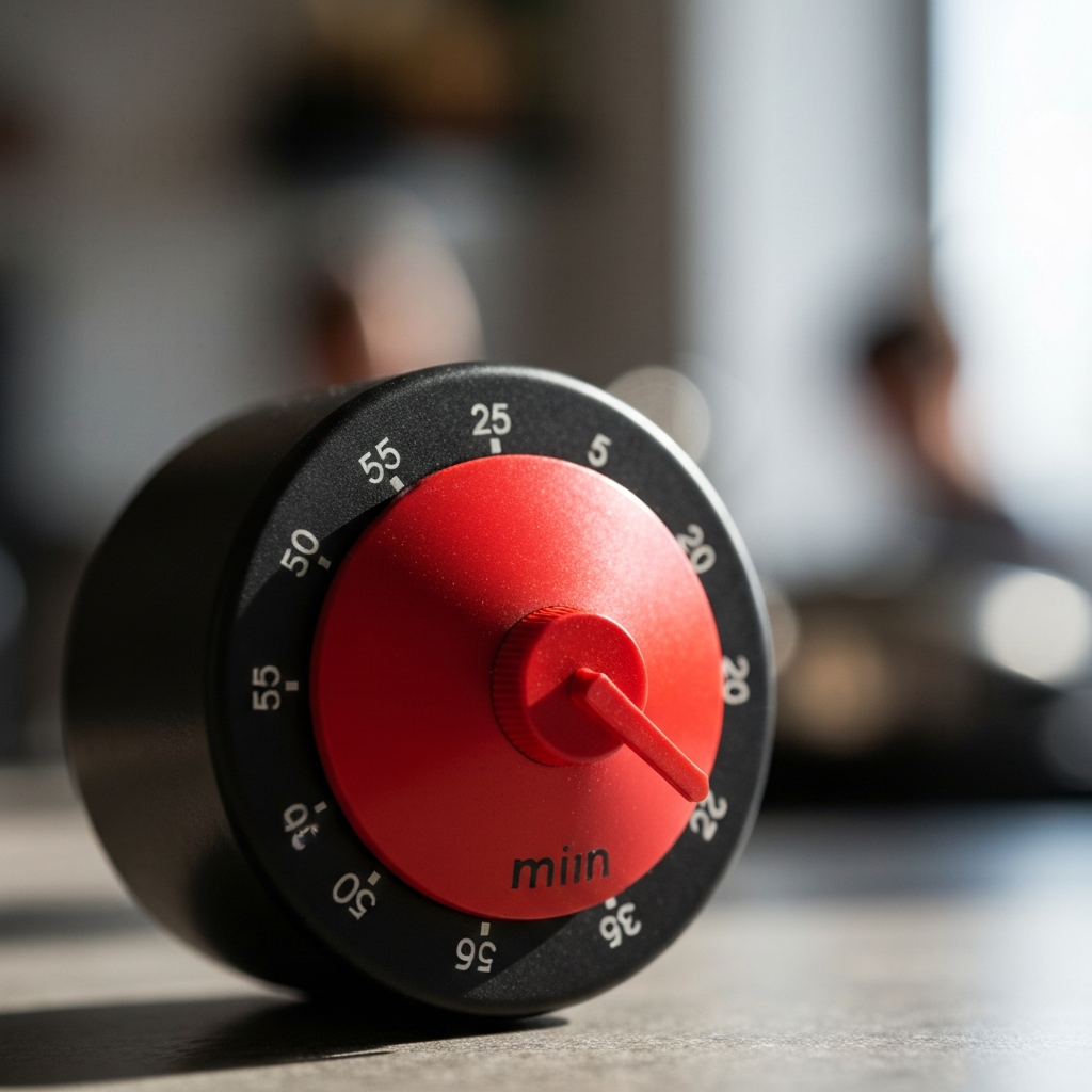 A close-up shot of a classic kitchen timer with a bright red dial set to 25 minutes. The background is slightly blurred, creating a sense of urgency and focus.