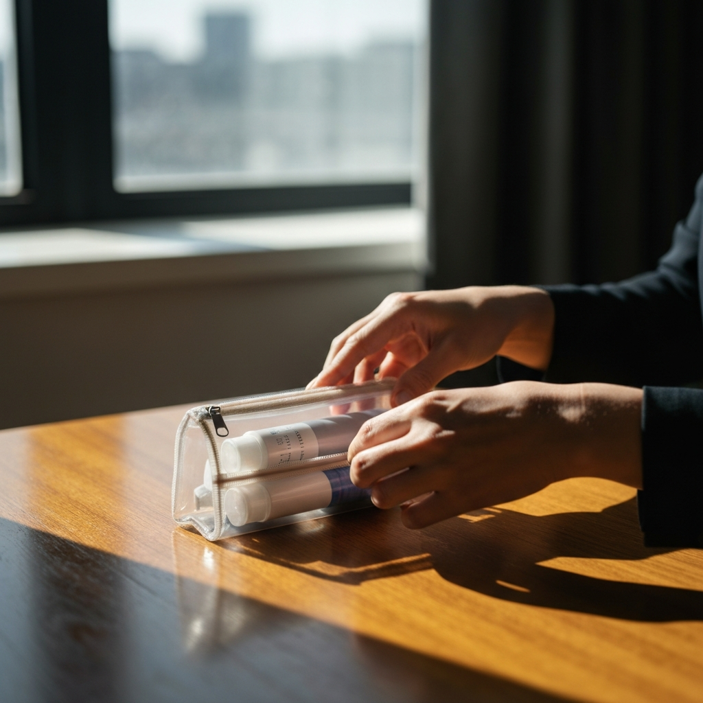 Close-up shot of a traveler's hands carefully packing small, travel-sized toiletries into a clear makeup pouch on a wooden table, sunlight filtering through a nearby window.