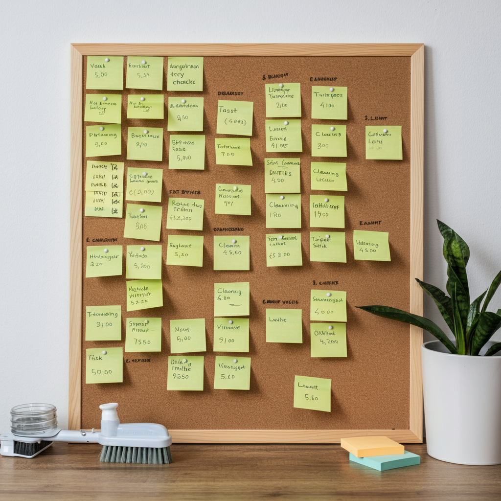 An organized bulletin board with colorful sticky notes detailing different cleaning tasks and their associated point values. The board is well-lit and visually appealing.