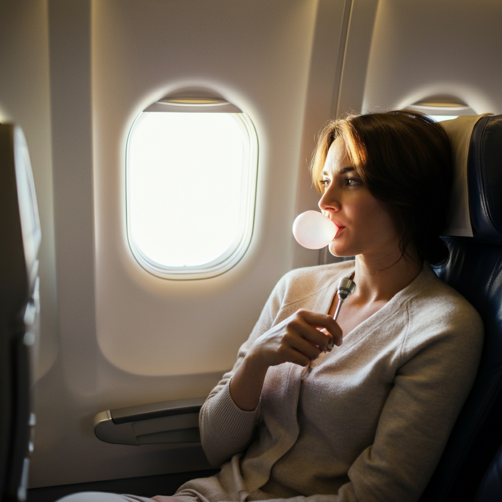 A woman sitting in an airplane seat, calmly chewing gum and looking out the window with a relaxed expression, natural light casting a soft glow.