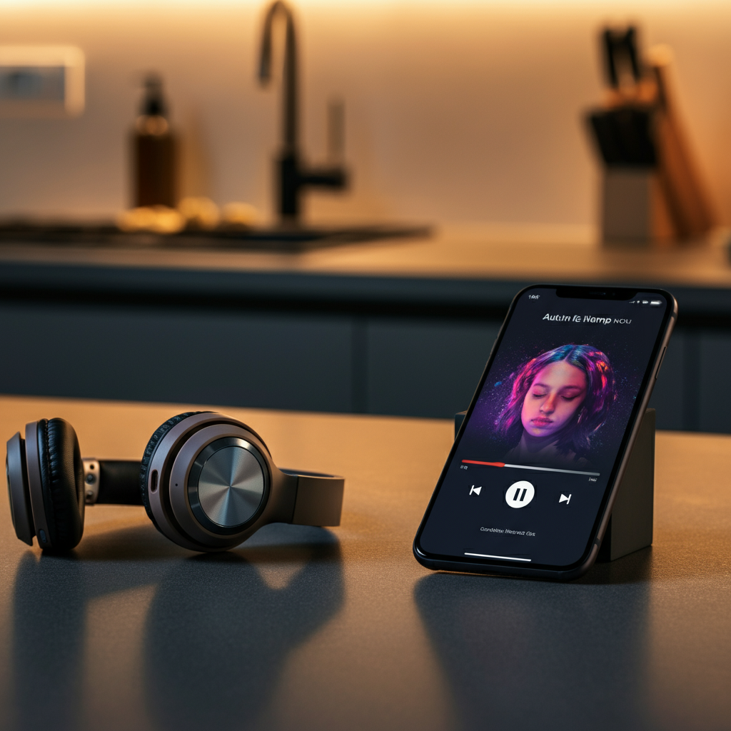 A pair of wireless headphones resting on a kitchen counter next to a smartphone displaying a vibrant music playlist. The counter is clean and uncluttered, suggesting a positive cleaning environment.