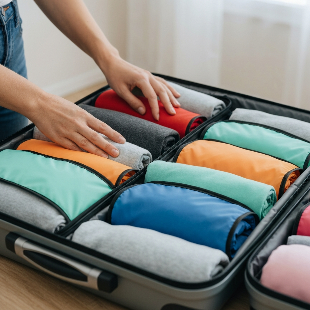 Hands carefully arranging rolled clothing inside a neatly packed suitcase with various colored packing cubes, side-lit for texture.