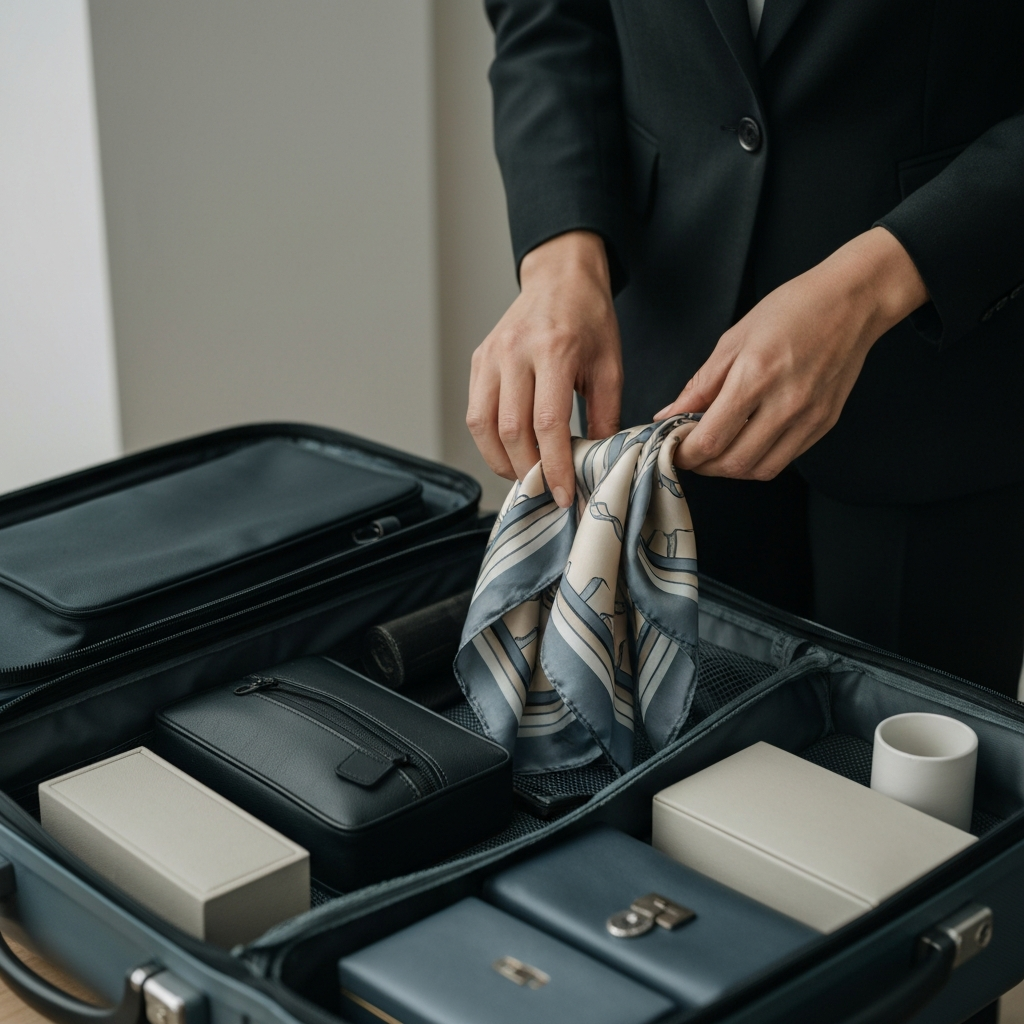 A woman's hands neatly folding a silk scarf and placing it into a half-packed suitcase with various travel essentials.