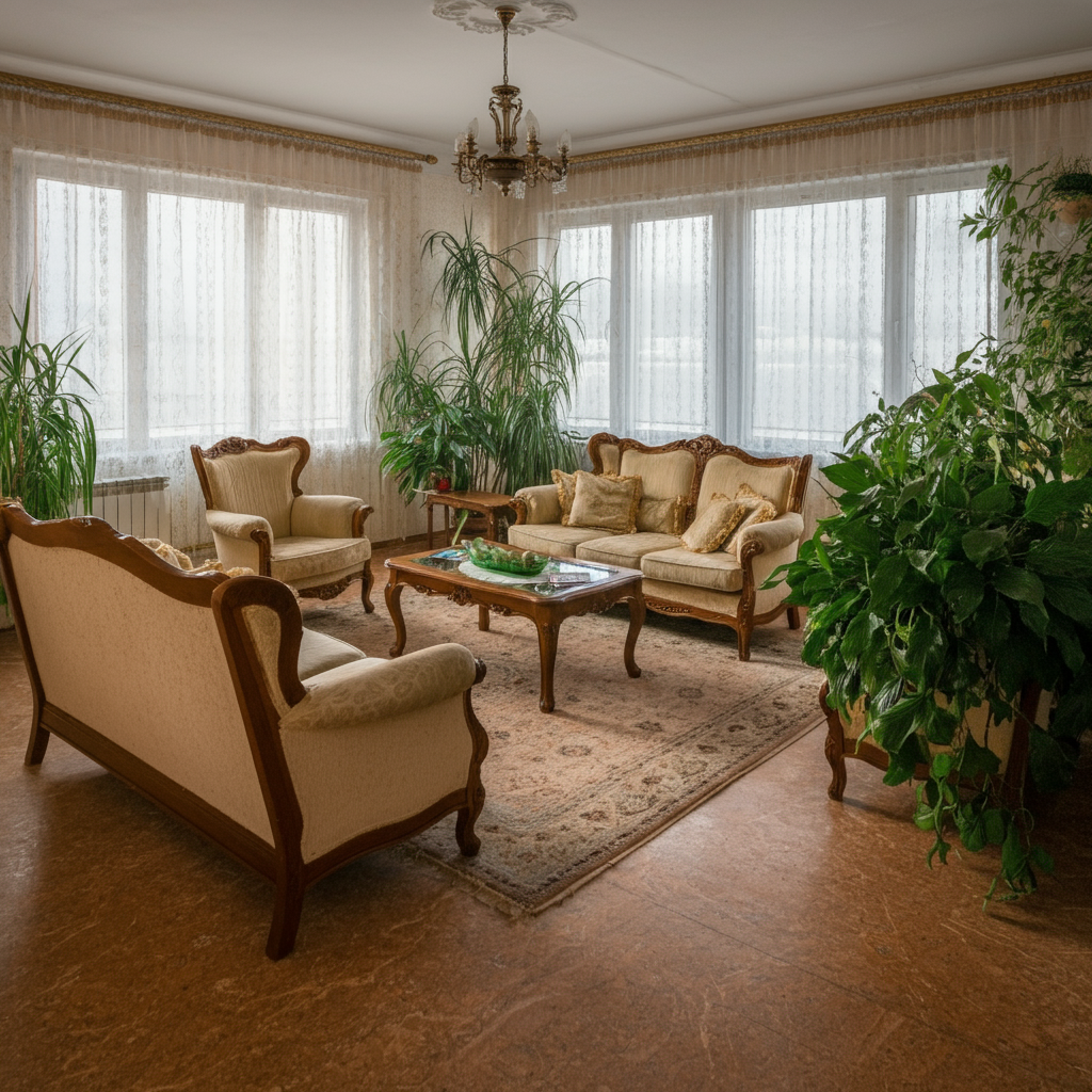 A brightly lit and meticulously clean living room with comfortable furniture and decorative plants. The room exudes a sense of calm and order.