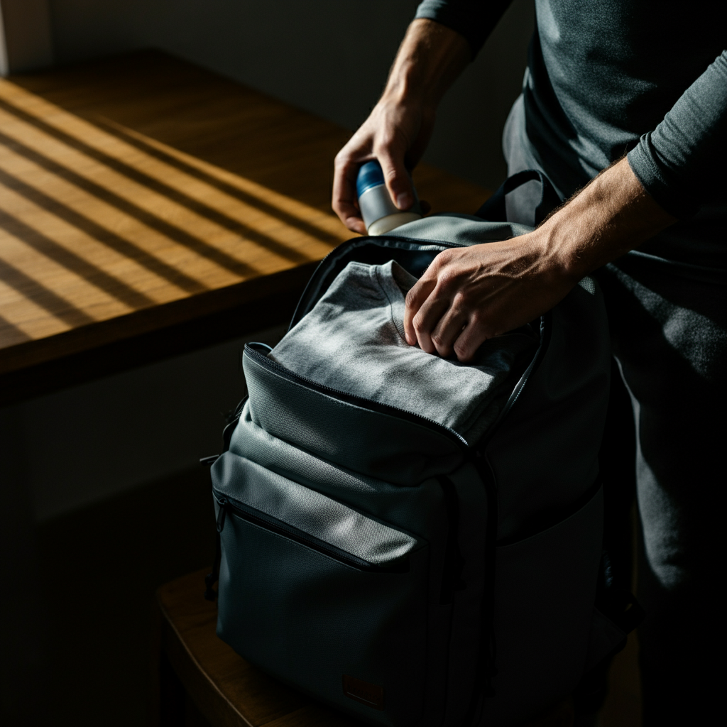 A man's hands carefully placing a folded t-shirt and a deodorant stick into a travel backpack, natural light from a window creating long shadows.