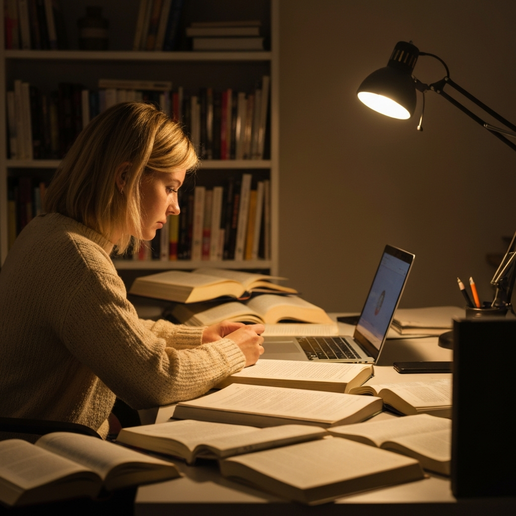 A person sitting at a desk covered with open books and a laptop, bathed in the warm glow of a desk lamp. The room is slightly cluttered but organized, suggesting a curious and engaged mind. Soft bokeh on the bookshelf in the background.