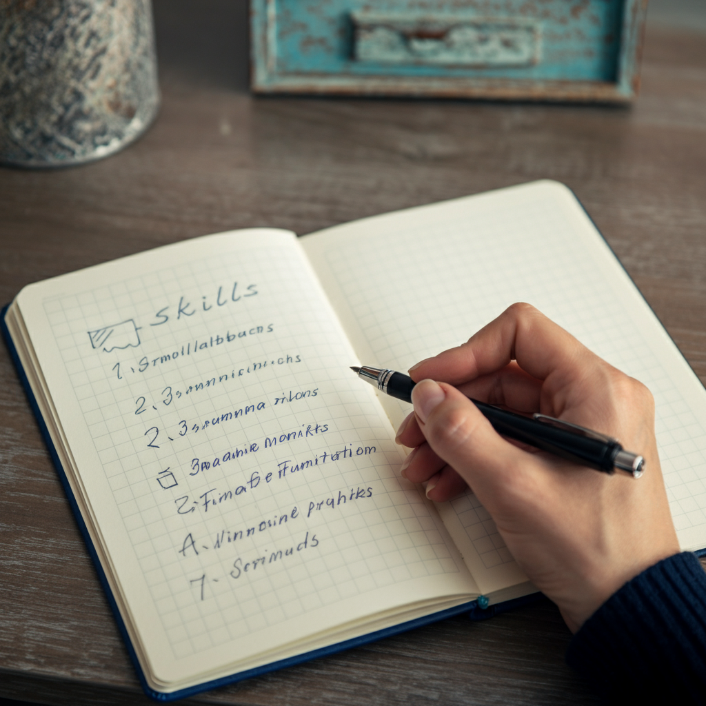 Close-up shot of a hand writing in a notebook with a pen. The notebook is open on a wooden desk, showcasing a list of skills written in neat handwriting. Natural side lighting emphasizes the texture of the paper.