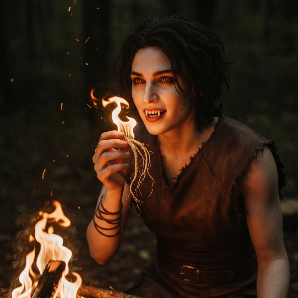 A character model with Vampire Teeth, standing near a campfire, holding a medicinal root, with the flickering firelight illuminating their face.