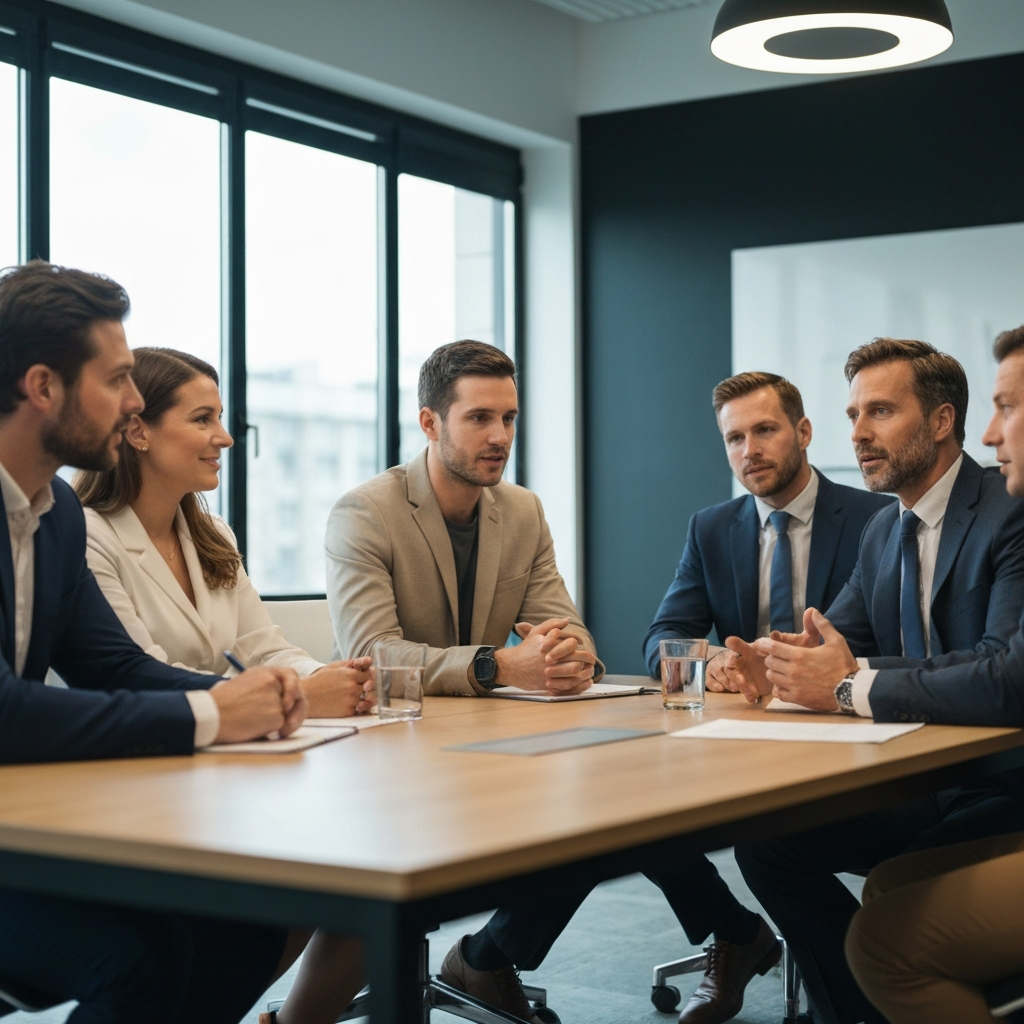 A group of professionals in a modern office space, engaged in a lively discussion around a conference table. The lighting is bright and professional, and the composition focuses on the interaction and collaboration between the team members.