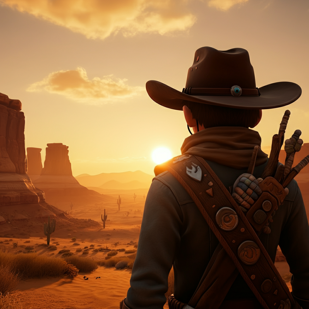 A landscape shot of the Mesa biome at golden hour, showcasing the desert environment with a character model wearing the Cowboy Hat in the distance, silhouetted against the setting sun.