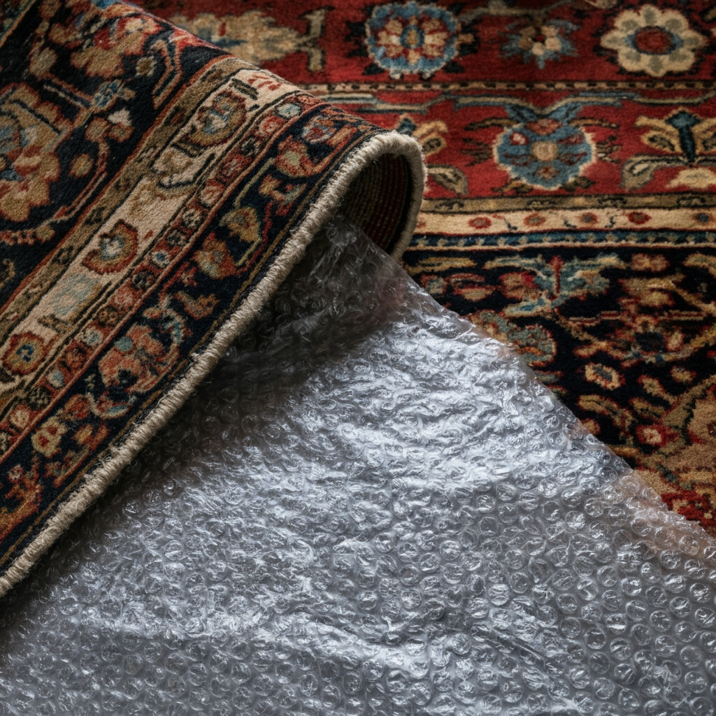 Top-down shot of a partially lifted rug revealing a layer of bubble wrap underneath. The bubble wrap is partially flattened, suggesting it has been stepped on. Natural light illuminates the scene.