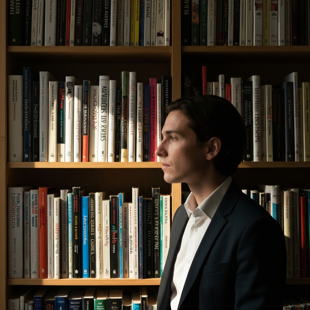 A bookshelf filled with books on animals, mythology, and psychology. Soft, natural light illuminates the spines, creating a sense of intellectual curiosity.