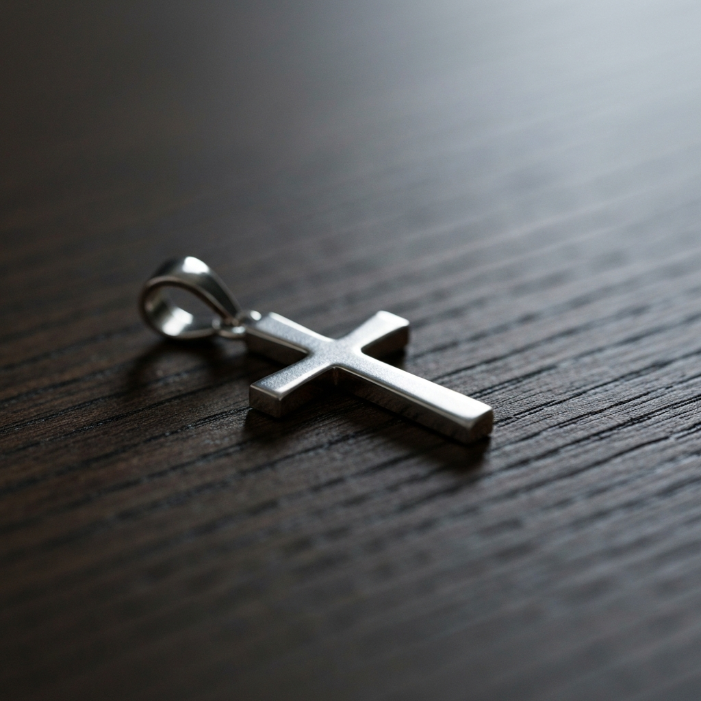 A close-up of a silver Latin Cross pendant resting on a dark wooden surface. Soft, diffused light highlights the texture of the wood grain and the subtle reflections on the metal. A shallow depth of field creates a soft bokeh effect.