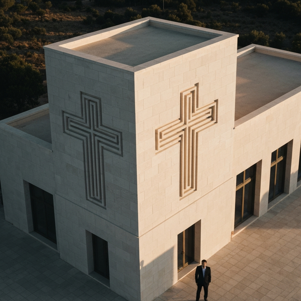 An aerial shot of a building featuring a Greek Cross design in its architecture. The building is made of light-colored stone, bathed in the warm light of the late afternoon. The surrounding landscape is visible in soft focus.