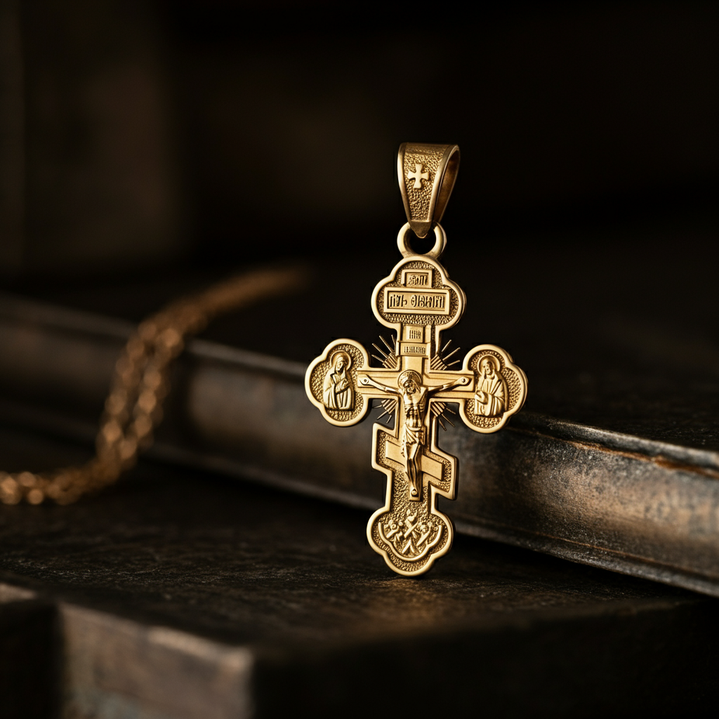 A detailed shot of a gold Orthodox Cross pendant. The pendant is intricately detailed, with embossed figures and textures. Soft, golden hour lighting enhances the rich color of the gold and brings out the subtle details.