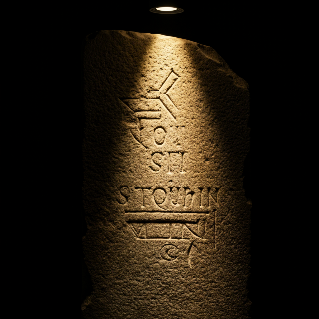 A close-up of an ancient stone carving featuring a Staurogram. The stone is weathered and textured, with visible signs of age. A single spotlight illuminates the carving, casting long shadows and emphasizing the depth of the inscription.