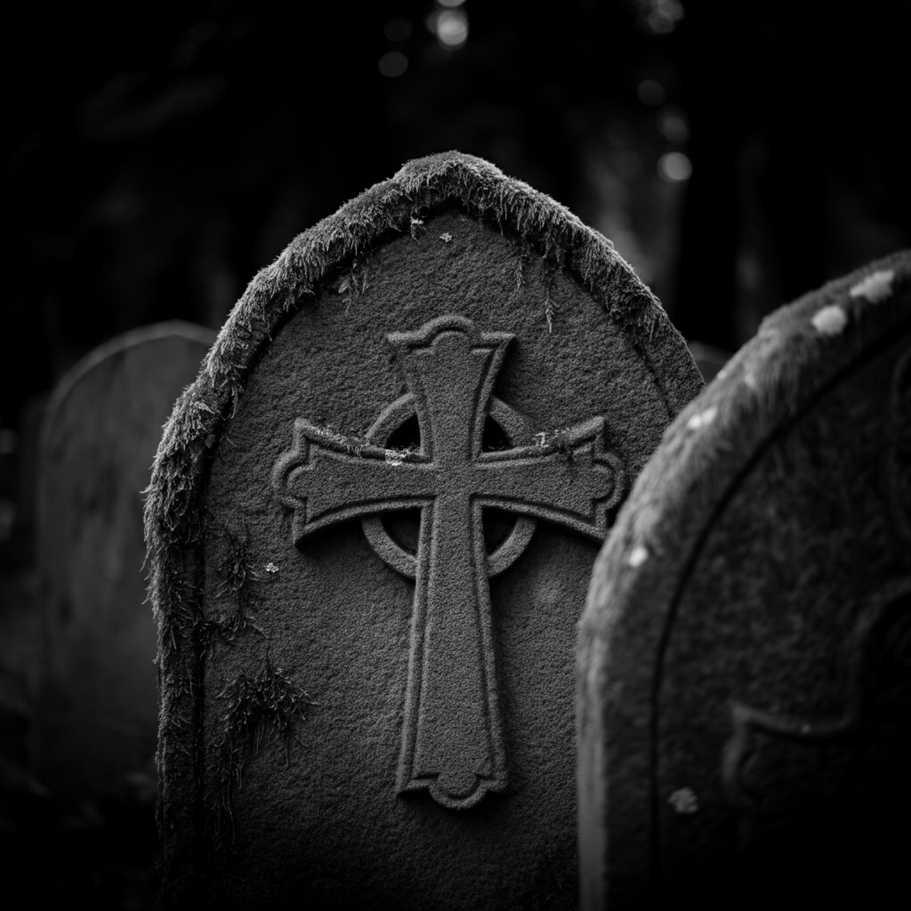 A black and white photograph of an ancient tombstone featuring an Iota-Chi Cross. The tombstone is partially obscured by moss and lichen, with soft, natural light filtering through the trees above.