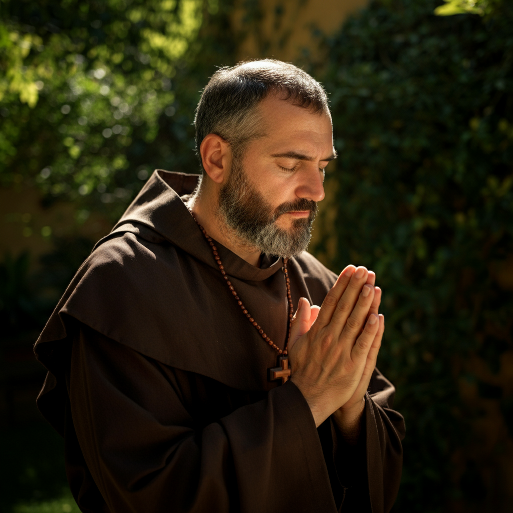 A Franciscan friar wearing a simple brown robe and a wooden Tau Cross around his neck. The friar is praying in a sunlit garden, with soft light illuminating his face and hands. The scene conveys a sense of peace and tranquility.