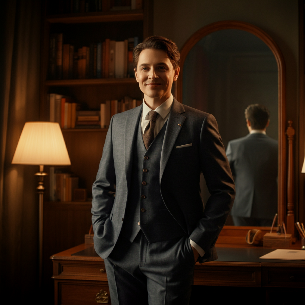 A warmly lit study. A person stands in front of a mirror, dressed in a well-tailored suit. They are smiling subtly, with a confident posture. Soft bokeh in the background shows bookshelves and desk objects.