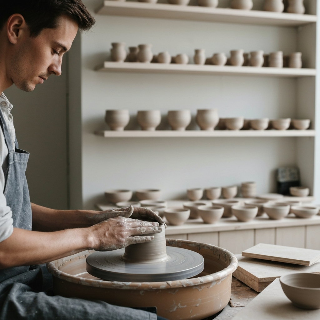 A brightly lit pottery studio. Hands are seen gently shaping clay on a spinning wheel. The surrounding area is clean and organized, with finished pottery pieces displayed on shelves.