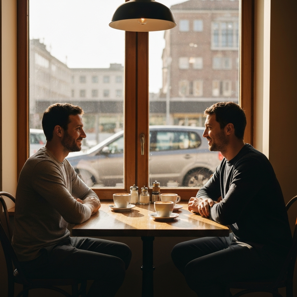 Two people sitting across from each other at a cafe table, bathed in natural light from a window. They are engaged in conversation, with warm expressions and open body language. Details of the cafe, like coffee cups and pastries, are visible in sharp focus.