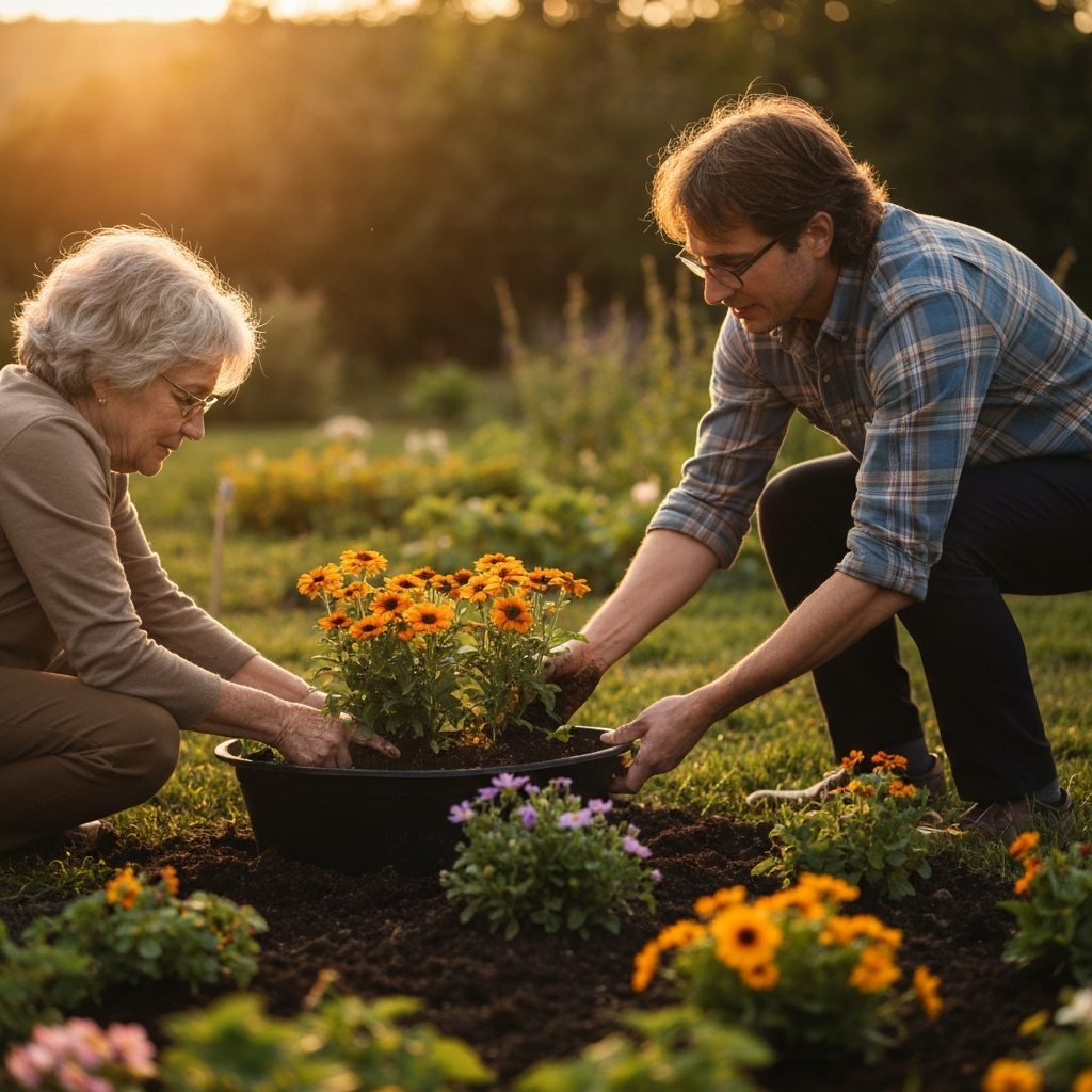 A community garden in golden hour lighting. A person is helping an elderly neighbor plant flowers. The scene is full of warmth, texture, and natural colors.
