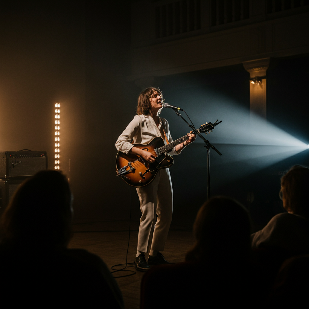 A person is performing on a stage, playing a musical instrument with passion. The stage lighting is focused on them, highlighting their expressive face and body language. A small audience is visible in the background.