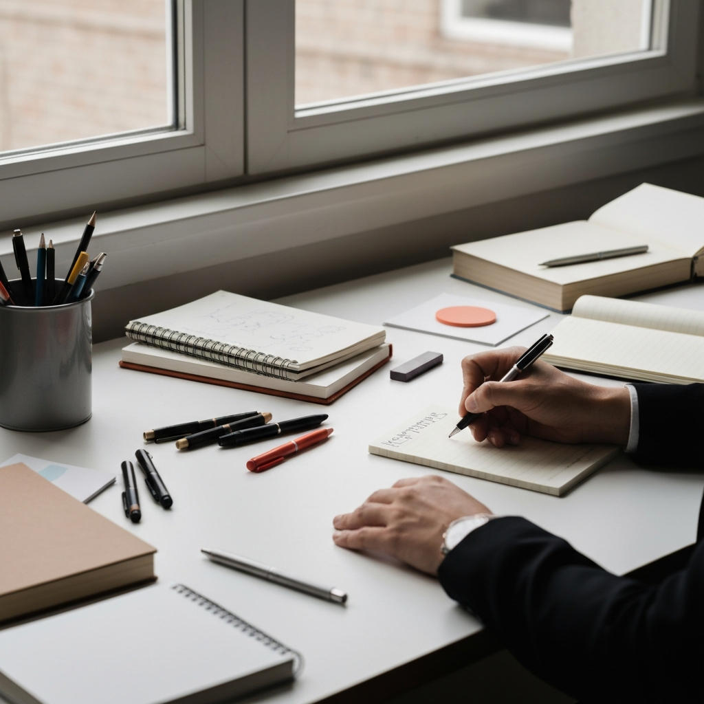 A cluttered but organized desk with notebooks, pens, and art supplies scattered across it. A hand is writing keywords on a notepad, with natural daylight streaming through a nearby window.