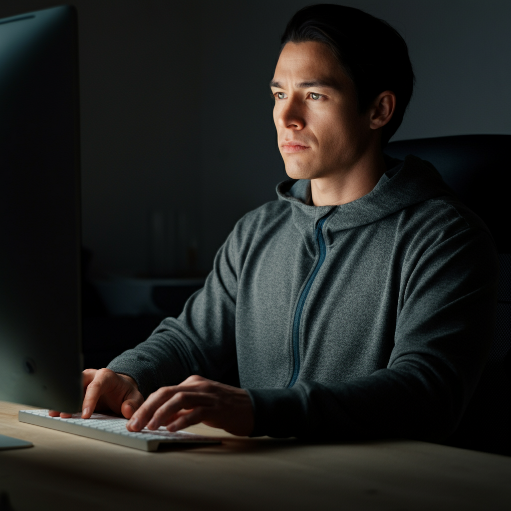 A person sitting at a computer, fingers poised over the keyboard, looking at the screen with a thoughtful expression. The room is dimly lit, with a soft glow emanating from the monitor.