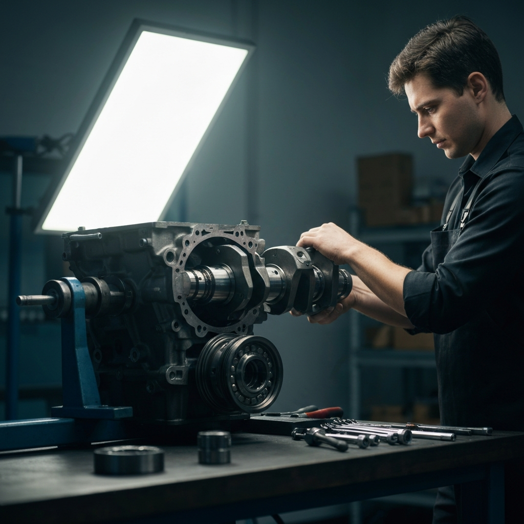 A mechanic carefully removing a crankshaft from an engine block. The engine block is mounted on an engine stand. Soft, diffused lighting highlights the details of the crankshaft and bearing surfaces. Tools are neatly organized on a nearby workbench.