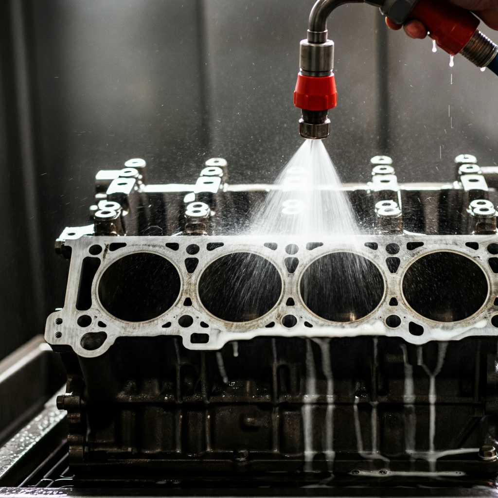 Close-up of an engine block in a parts washer. The nozzle is spraying a cleaning solution onto the surface of the block, removing grime and oil. Focus on the texture of the cast iron and the flow of the cleaning fluid. The lighting is bright and even.